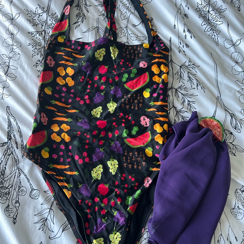 Colorful Fruit Print Swimsuit with Purple Cover-Up